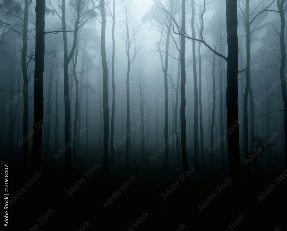 Obraz premium Mysterious forest shrouded in thick fog creates an enchanting atmosphere at dawn