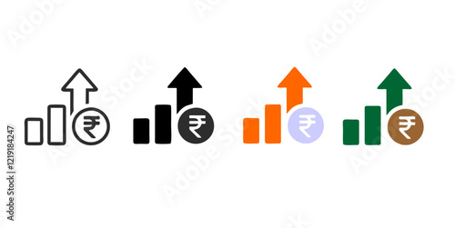 Cost increase vector icons. Rupee increase vector illustration set. Indian Rupee cost increase icon