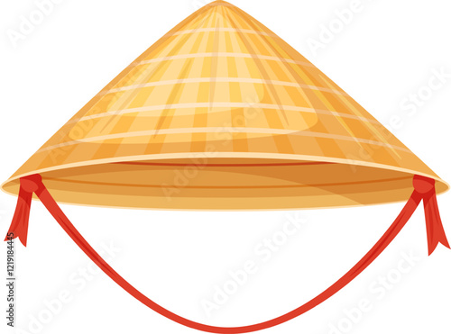 Asian conical hat made of straw with red ribbons, representing traditional clothing and cultural heritage of East and Southeast Asia, often worn for sun protection and as a fashion accessory