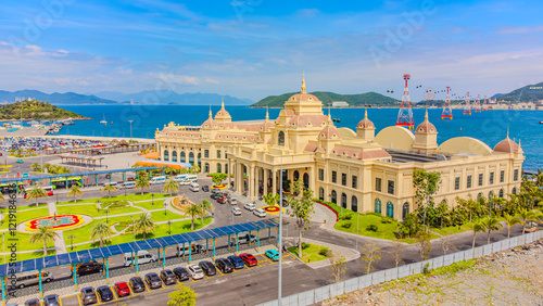 Vinpearl Reception Hall. 

Vinpearl Island Cable Car to Vinwanders Amusement Park. Aerial drone shooting in Nha Trang, Vietnam. 