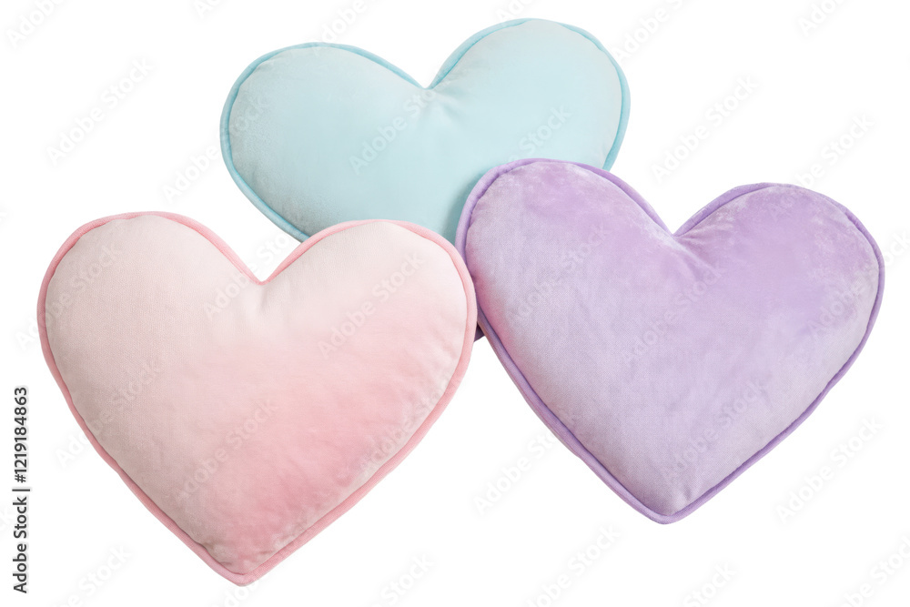 Three heart-shaped pillows in pastel colors isolated with transparent background Three heart-shaped pillows in pastel colors isolated with transparent background
