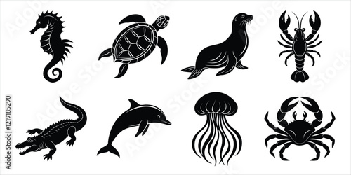 Ocean, Sea animals silhouette set. Aquatic animals life vector illustration design