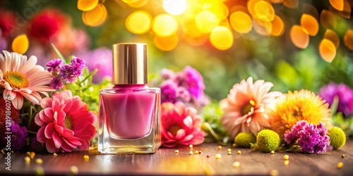 Organic Natural Nail Polish Bottle on Blooming Flowers, Top View Bokeh