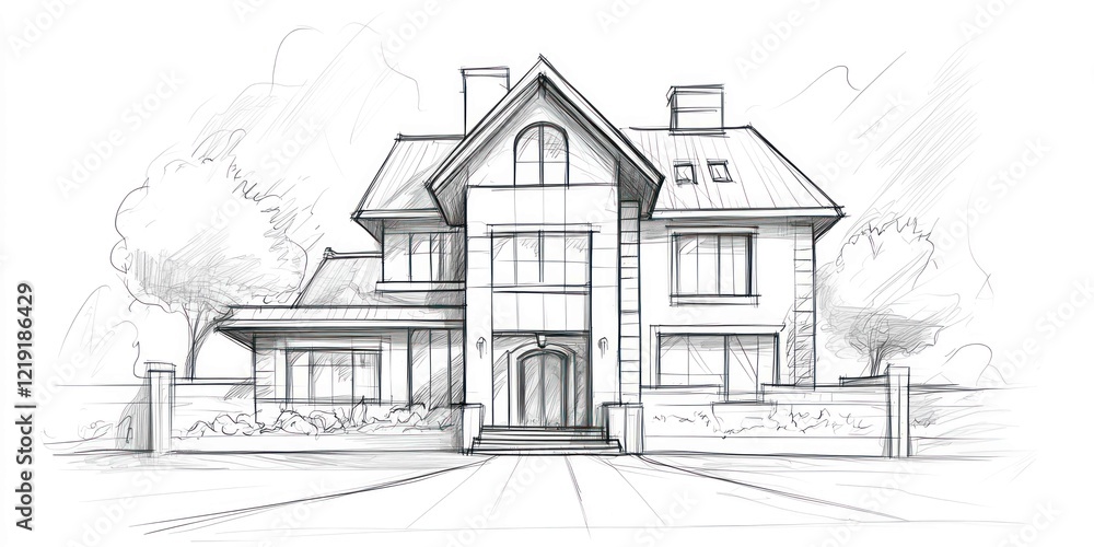 Obraz premium A creative hand-drawn architectural sketch of a conceptual house design, blending classic and modern elements