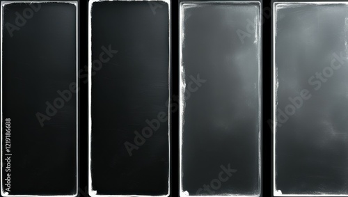 chalkboard panels, vertical rectangles, black and white, erased chalk marks, textured surface, school atmosphere, minimalist composition, gradient tones, abstract design, educational backdrop, sequent
