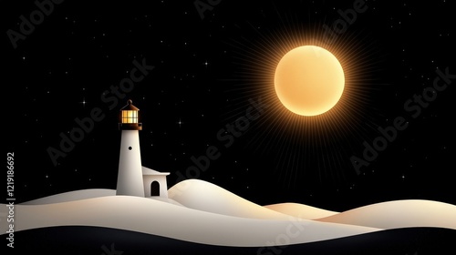 Wallpaper Mural Serene Lighthouse Against Starry Night Sky with Radiant Full Moon and Rolling Sand Dunes Torontodigital.ca