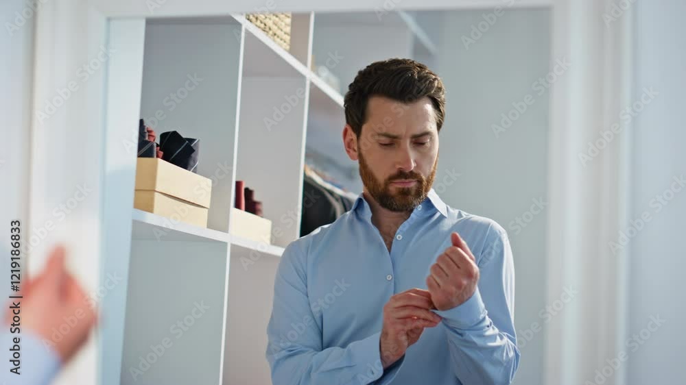 Confident manager buttoning sleeves shirt at home closeup. Serious businessman Confident manager buttoning sleeves shirt at home closeup. Serious businessman