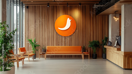 office wooden lobby waiting room for company wall logo mockup