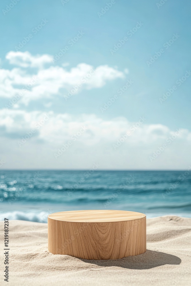 A round wooden podium on the beach with a blue sea and sky background, a close-up shot of a wood product display stand in the sand for summer advertising. A round wooden podium on the beach with a blue sea and sky background, a close-up shot of a wood product display stand in the sand for summer advertising.