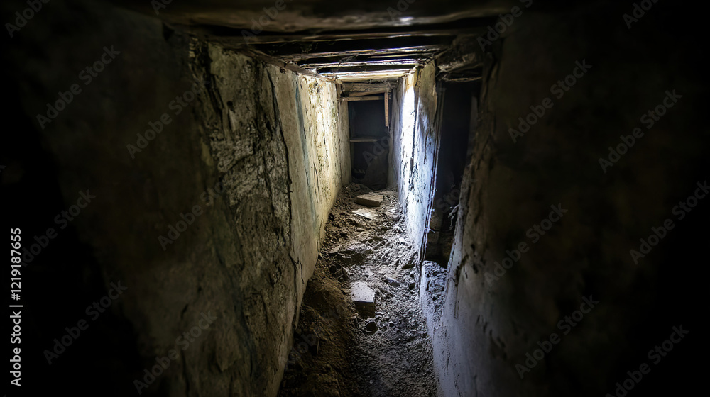 Dark mine shaft with a single beam of light cutting through the shadows, symbolizing hope and discovery in the depths of exploration and perseverance. Dark mine shaft with a single beam of light cutting through the shadows, symbolizing hope and discovery in the depths of exploration and perseverance.