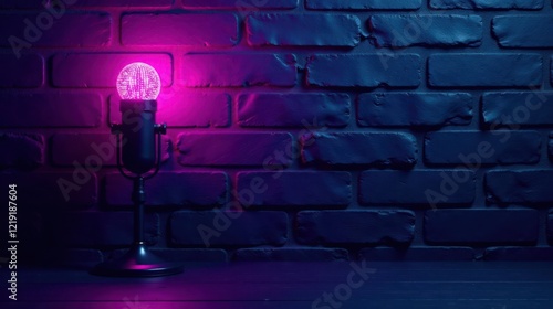 Retro microphone with vibrant illuminated sphere against a dark brick wall