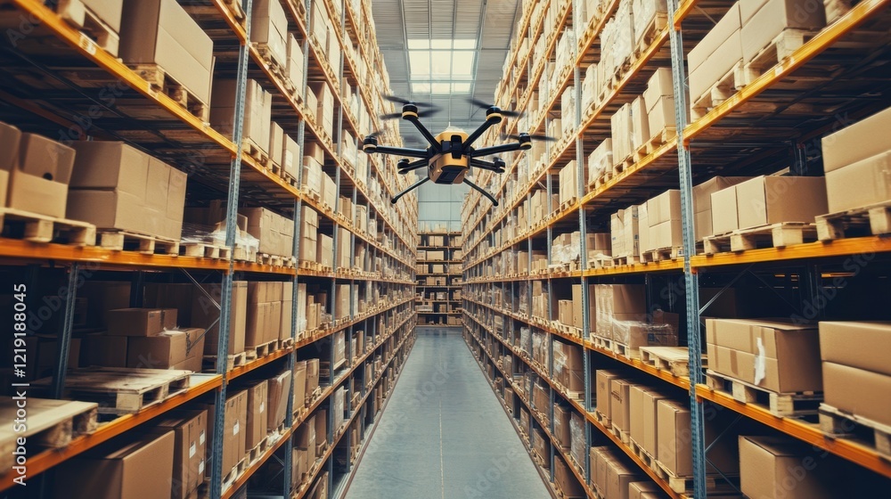 An overhead view of a warehouse filled with neatly organized shelves with a drone in flight navigating the aisles and surveying stock levels in realtime for optimized inventory control. An overhead view of a warehouse filled with neatly organized shelves with a drone in flight navigating the aisles and surveying stock levels in realtime for optimized inventory control.