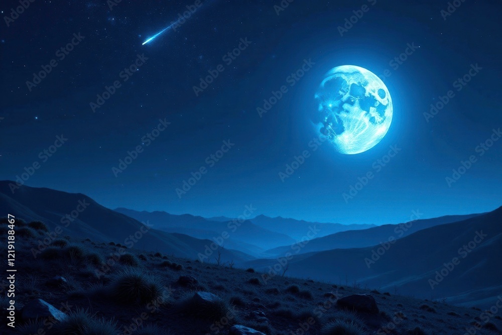 Fototapeta premium A stunning blue moonlit landscape with gold star trails behind a comet, lunar phase, nightscape, blue moon