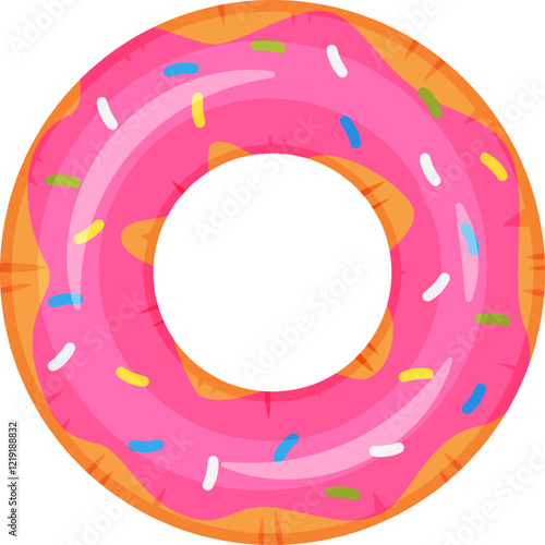 Colorful, inflatable pink donut ring with sprinkles, perfect for summer pool parties and beach vacations, providing fun and relaxation in the water