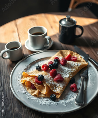 Indulgent breakfast featuring fluffy crepes adorned with fresh berries and a rich coffee selection at a cozy cafe nook photo