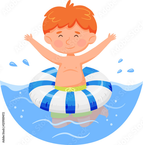 Redhead boy with arms up enjoying summer holidays playing with inflatable ring in a swimming pool, wearing green swimming trunks and having fun in the water