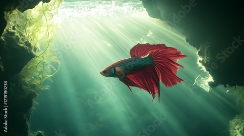 Betta Fish Swimming Gracefully in Sunlit Aquatic Environment photo