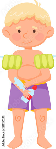 Blond little boy in purple swimming trunks and inflatable armbands applying sunscreen lotion on his arm, preparing for a swim at the beach or pool during summer vacation