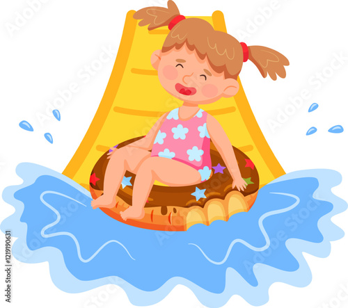 Cheerful young girl with pigtails sliding down a colorful water slide on an inflatable ring, splashing into the pool below. Her swimsuit features playful floral patterns