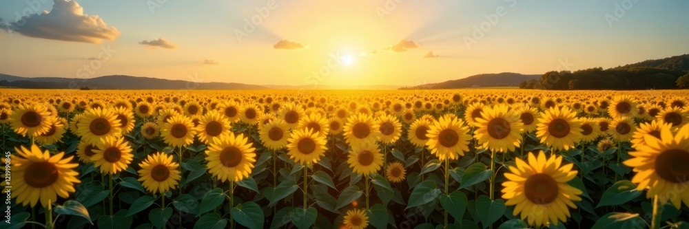 Fototapeta premium golden hour over a vast sea of tall yellow sunflowers and a clear blue sky, sunset effect, warm lighting, peaceful atmosphere