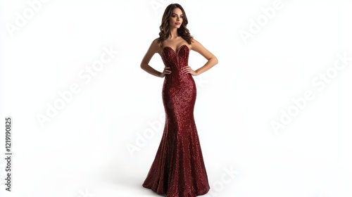 A female model wearing an elegant evening gown, standing with one hand on her hip and a glamorous look on a white isolated background