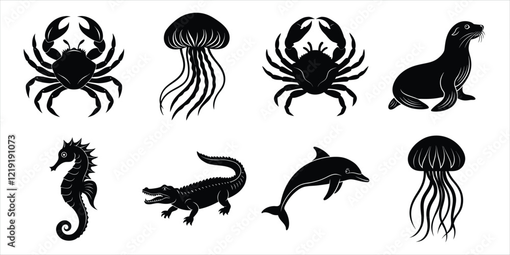 Obraz premium Ocean, Sea animals silhouette set. Aquatic animals life vector illustration design