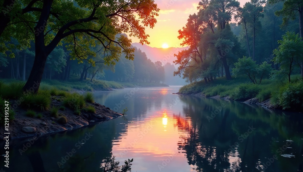 Serene river flows gently past tranquil trees, nature, rivers, twilight Serene river flows gently past tranquil trees, nature, rivers, twilight