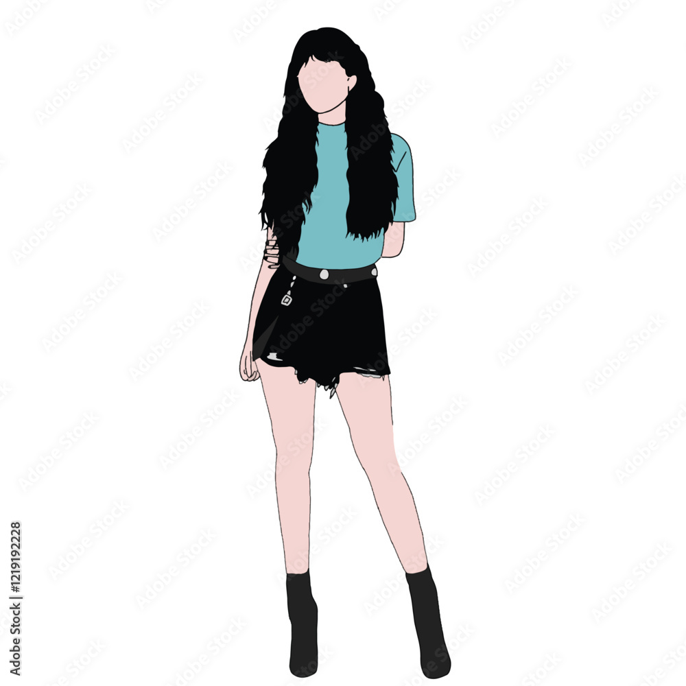 Minimalist art illustration of a fashionable woman in a blue shirt and black shorts,creating a trendy and chic representation of modern casual style,perfect for contemporary fashion and design themes. Minimalist art illustration of a fashionable woman in a blue shirt and black shorts,creating a trendy and chic representation of modern casual style,perfect for contemporary fashion and design themes.