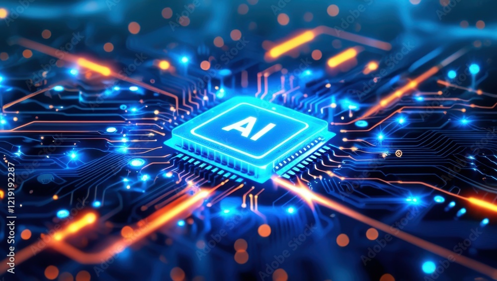 Futuristic AI processor chip, glowing neon blue, circuit board patterns, digital neural network, advanced technology, microchip closeup, electric sparks, data streams, high-tech background, artificial Futuristic AI processor chip, glowing neon blue, circuit board patterns, digital neural network, advanced technology, microchip closeup, electric sparks, data streams, high-tech background, artificial
