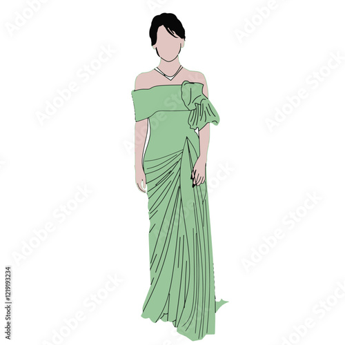 Beautiful illustration of a stylishly designed green evening gown featuring an off-shoulder style, intricate pleats, and a bow detail. Perfect depiction of modern and elegant fashion taste.