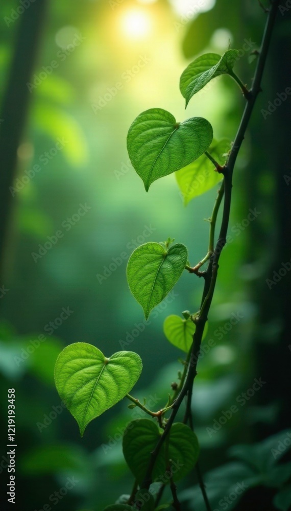 Obraz premium Heart-shaped leaves on vines in a jungle environment with sunlight filtering through, climber, plant