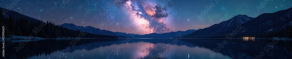 Lake Tahoe's dark waters reflect a brilliant Milky Way and starry night sky , mountains, reflection Lake Tahoe's dark waters reflect a brilliant Milky Way and starry night sky , mountains, reflection