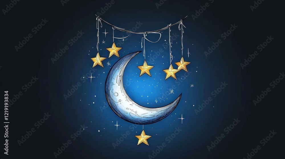Naklejka premium Dreamy Night Sky with Crescent Moon and Hanging Stars in Blue Background Illustration