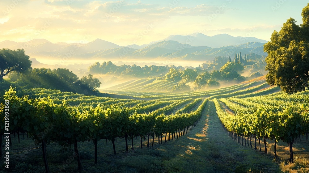 Naklejka premium A serene landscape featuring rolling hills, lush greenery, and a vineyard with rows of grapevines.