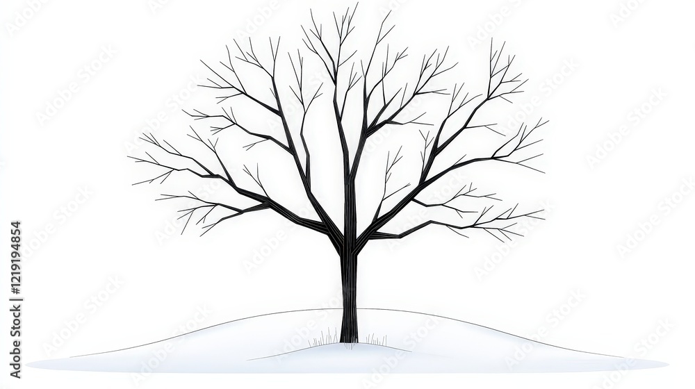 Obraz premium Black Silhouette of a Leafless Tree on a Snowy Hill Against a White Background