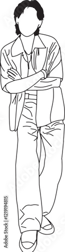 A black-and-white hand-drawn outline illustration of a casually dressed person standing with arms crossed in a relaxed pose, wearing a shirt and trousers. Suitable for design, art, or fashion projects