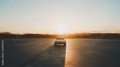 Empty car dealership lot at sunset, showcasing a serene and quiet atmosphere with no vehicles or customers, reflecting the end of a business day and the transition to evening calm.