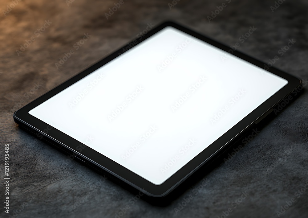 Black tablet computer rests on dark surface Black tablet computer rests on dark surface