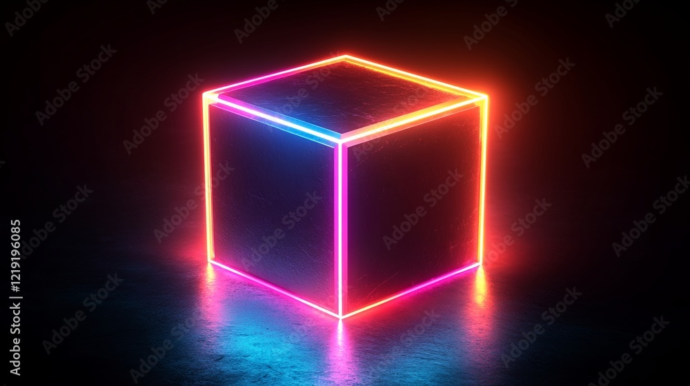 a neon-lit cube sitting on a dark surface. a neon-lit cube sitting on a dark surface.