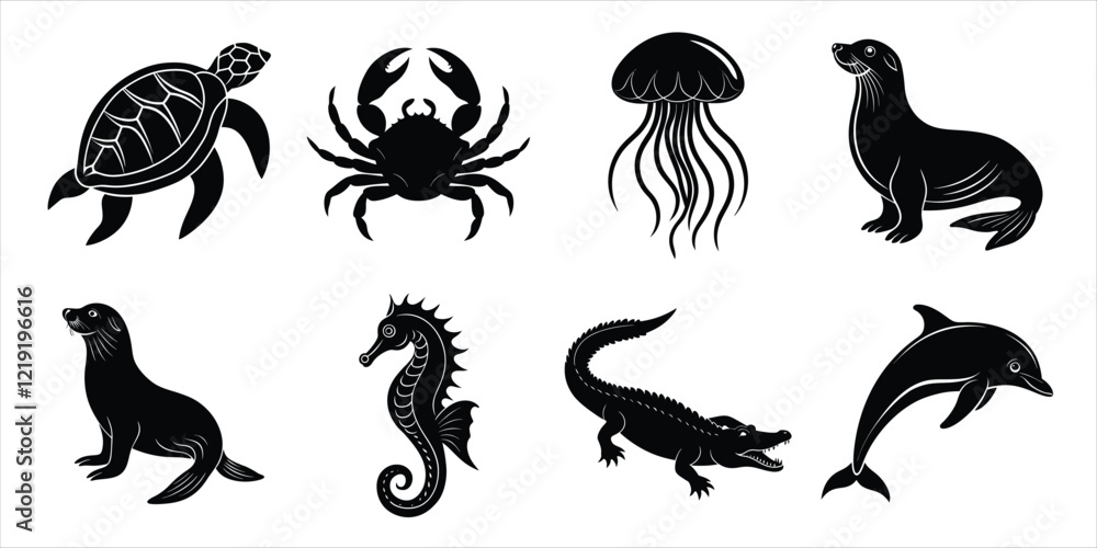 Fotografie Ocean, Sea animals silhouette set