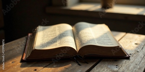Wallpaper Mural Illuminated pages of a well-worn book resting on rustic wooden surface bathed in sunlight Torontodigital.ca