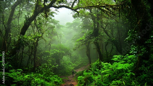 Hiker trekking misty rainforest path  lush foliage background  nature exploration