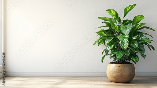 Wallpaper Mural Lush green plant in a wooden pot against a white wall. Torontodigital.ca