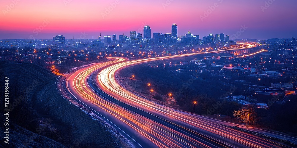 Fototapeta premium A vibrant city skyline with winding highway light trails captured at dusk, showcasing urban energy and movement against a colorful twilight sky.