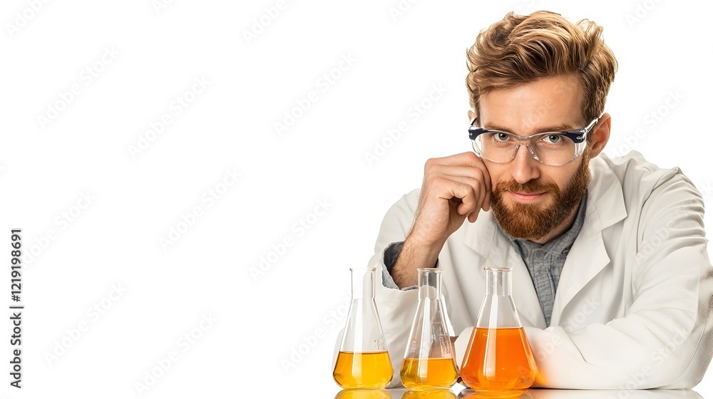 Chemical Engineer Intently Examining Lab Equipment and Beakers on White Background Chemical Engineer Intently Examining Lab Equipment and Beakers on White Background