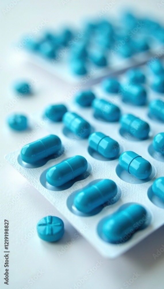 A tray filled with rows of identical blue pills and white containers, pill trays, white background A tray filled with rows of identical blue pills and white containers, pill trays, white background