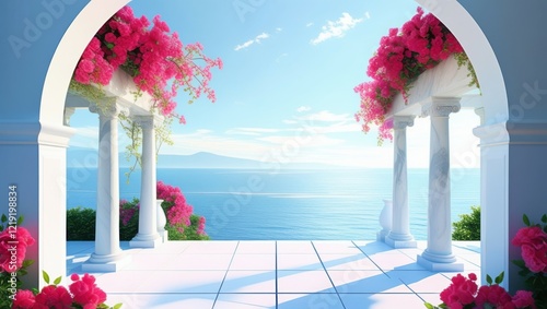 Greek island architecture, white pillars, arched doorway, vibrant pink bougainvillea flowers, wooden deck, ocean view, blue sky, sunlit scene, romantic atmosphere, Mediterranean style, dreamy destinat photo