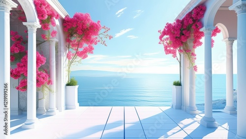 Greek island architecture, white pillars, arched doorway, vibrant pink bougainvillea flowers, wooden deck, ocean view, blue sky, sunlit scene, romantic atmosphere, Mediterranean style, dreamy destinat photo