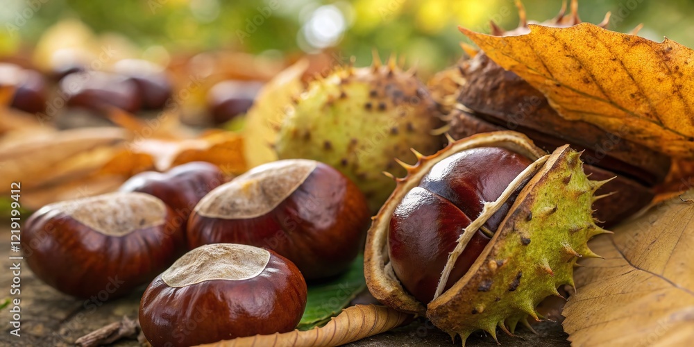 Panoramic Close-up of Shiny Brown Chestnuts - Autumn Fall Harvest Panoramic Close-up of Shiny Brown Chestnuts - Autumn Fall Harvest