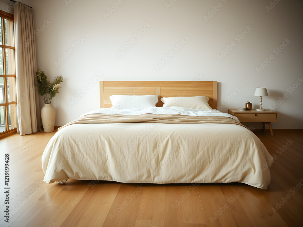 Serene Minimalist Bedroom: A minimalist bedroom design features a pristine white bed with plush linens, a wooden headboard and a small side table with a lamp. Serene Minimalist Bedroom: A minimalist bedroom design features a pristine white bed with plush linens, a wooden headboard and a small side table with a lamp.